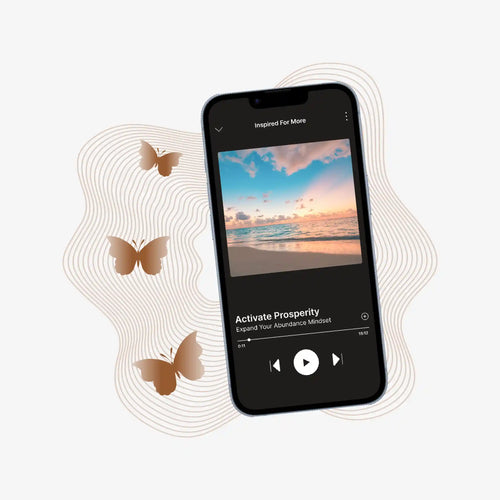 Phone displaying a music app with butterflies and wavy sound wave lines on a light background