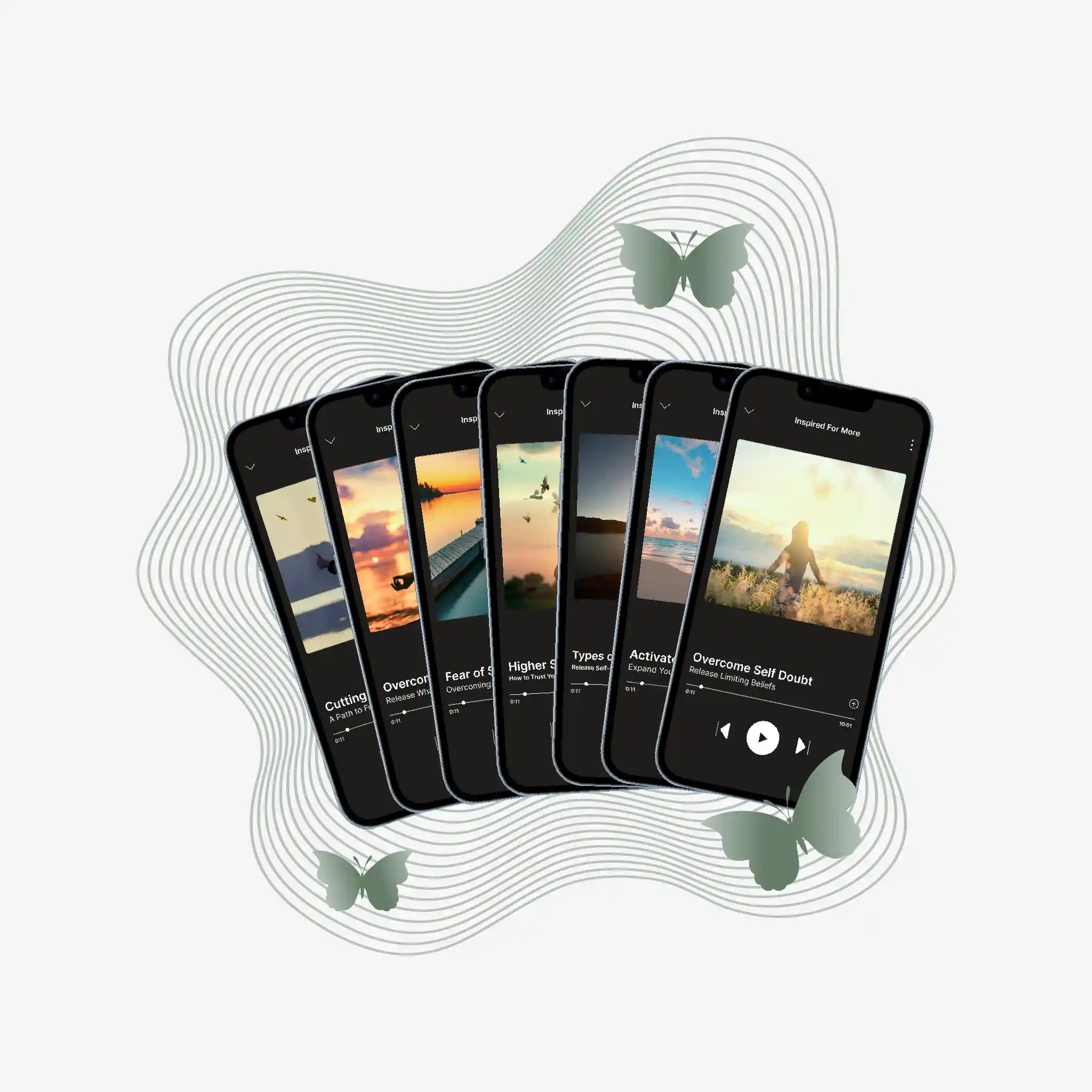Row of smartphones with scenic app screens on a white background