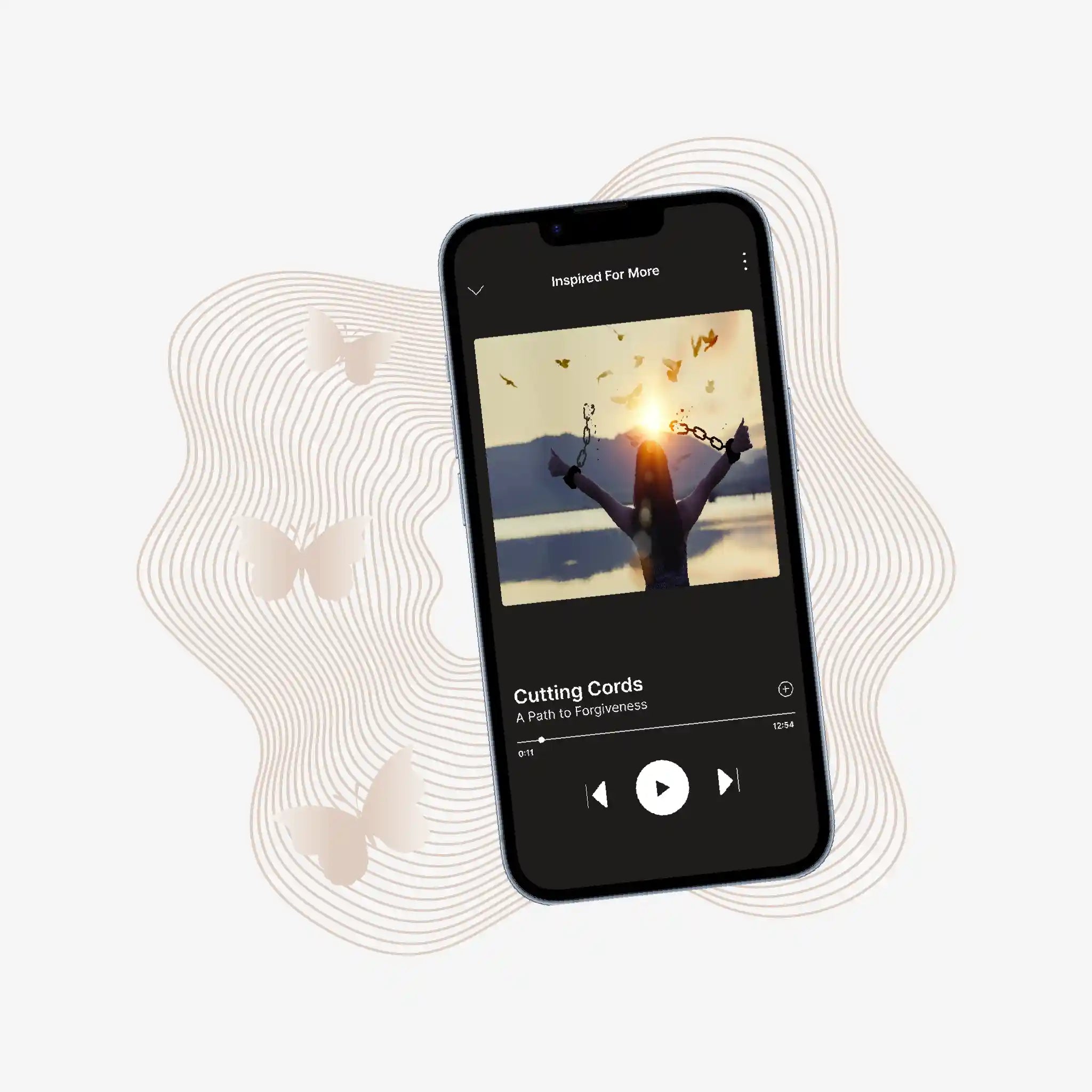 Phone displaying a music app with a song playing on a light background