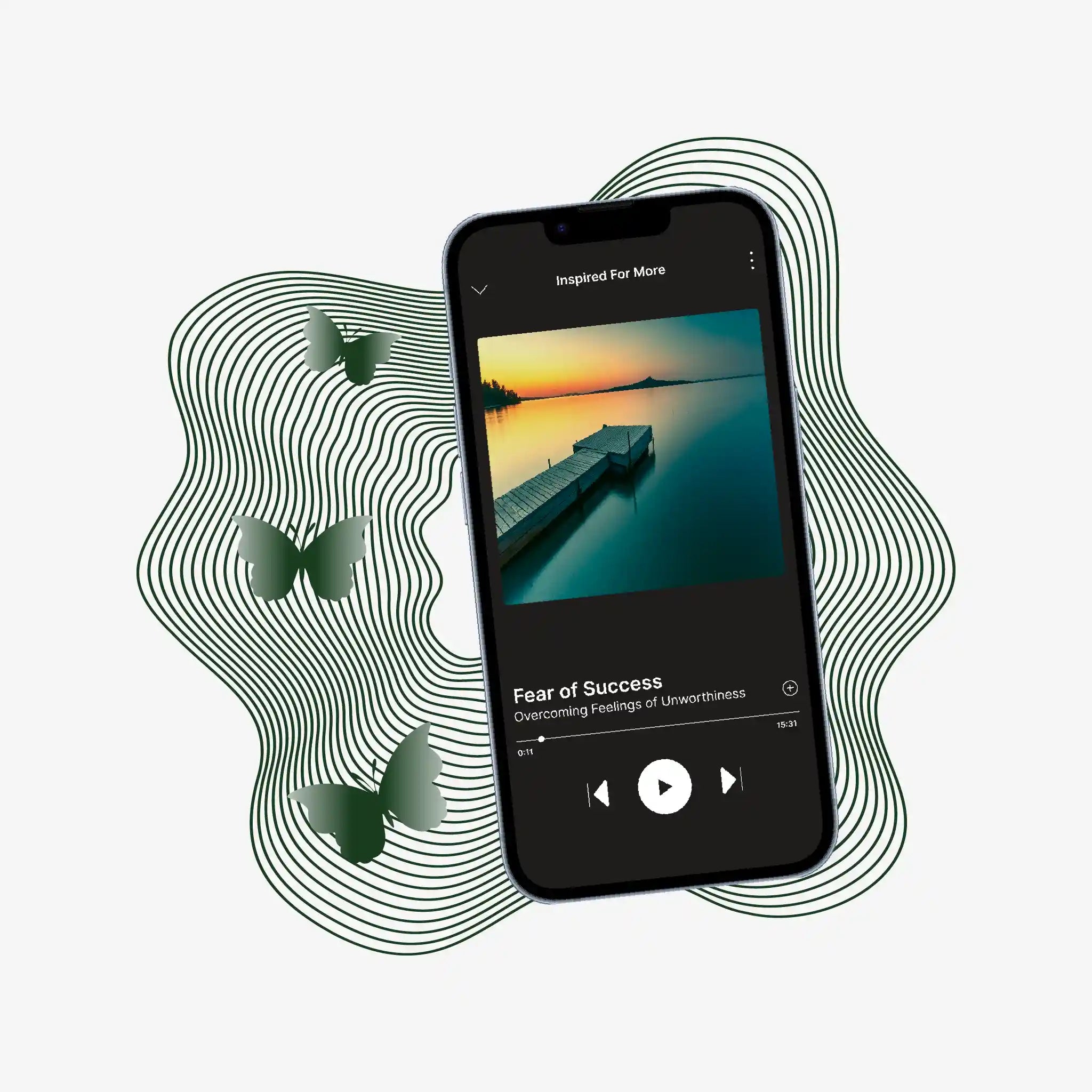 Phone displaying a music app with a sunset over water and butterfly graphics on a light gray background