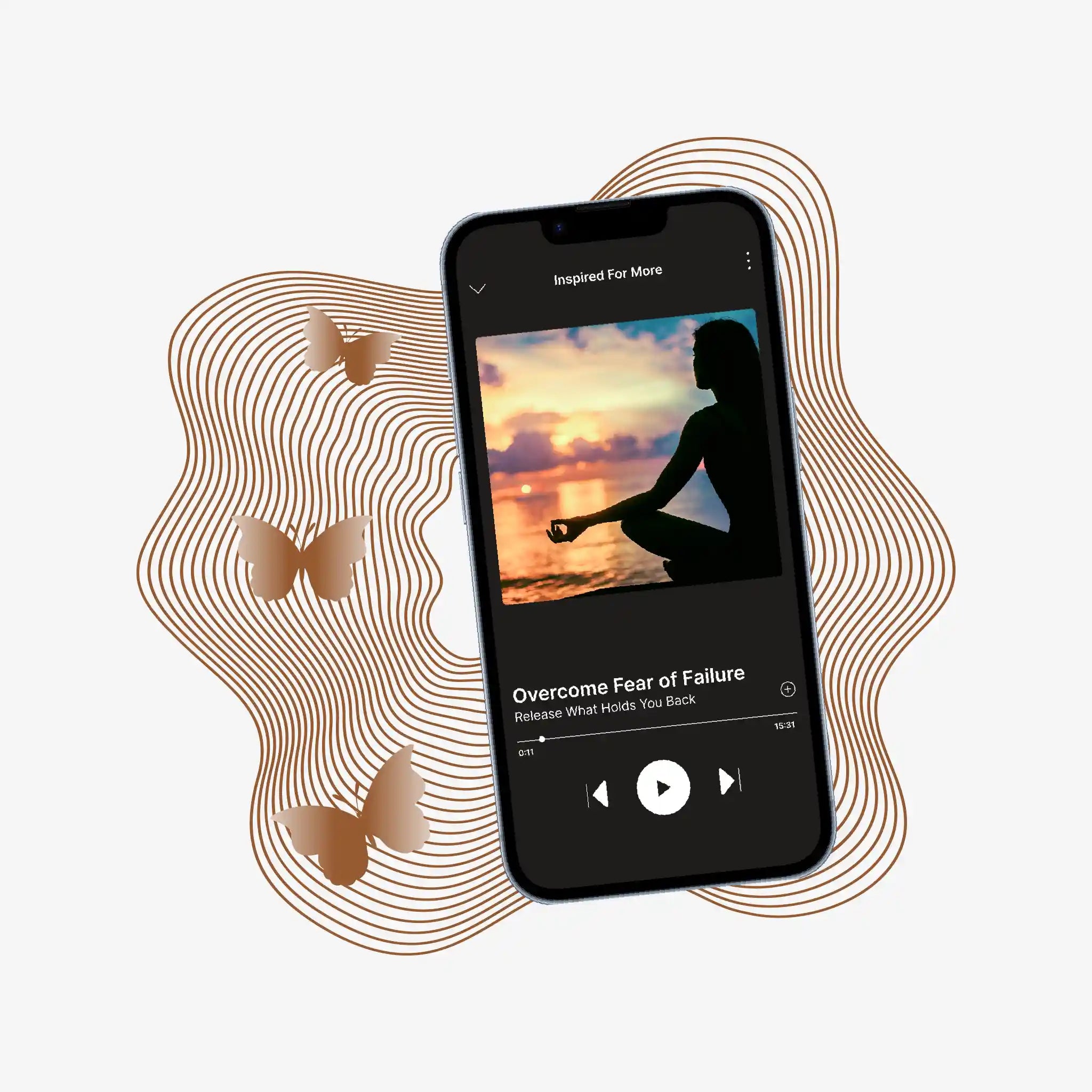 Phone displaying a meditation app with a silhouette of a person sitting and a sunset background.