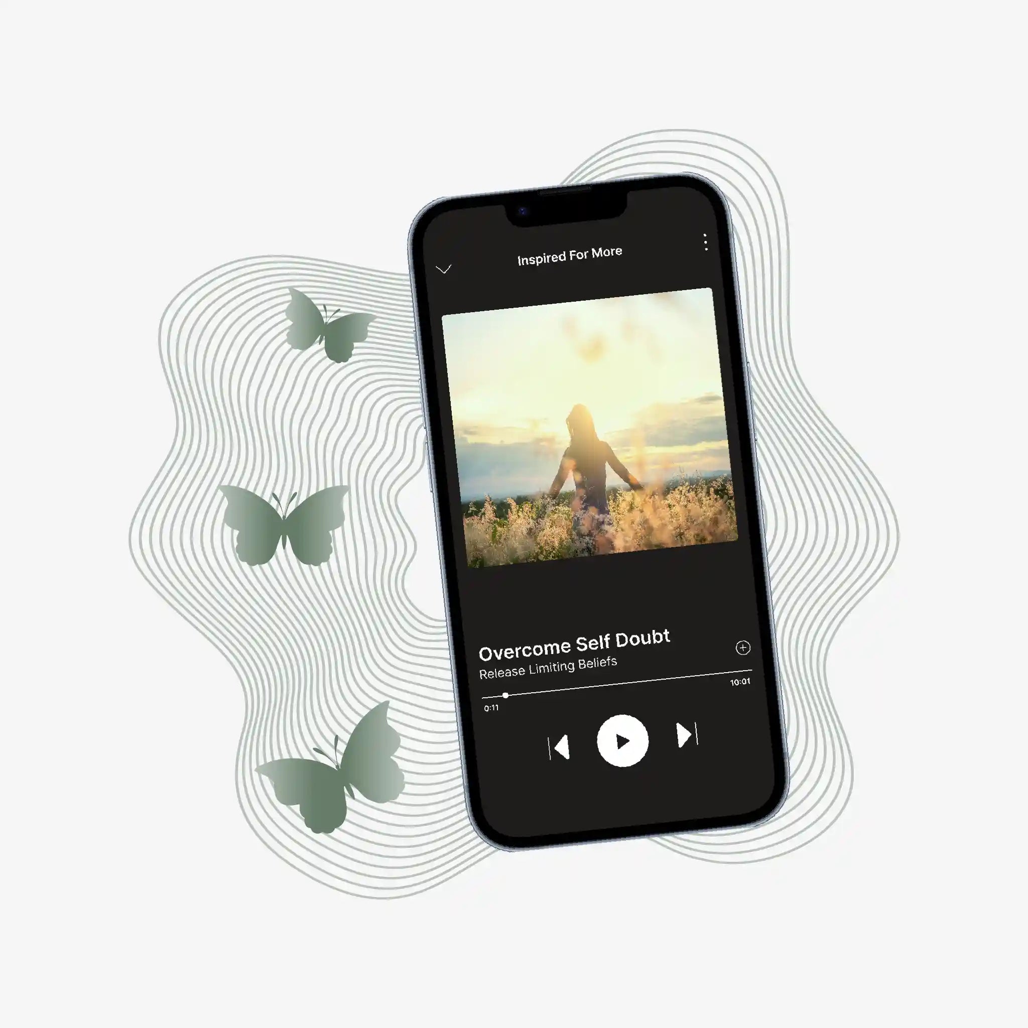 Phone displaying a meditation app with butterflies and a scenic background