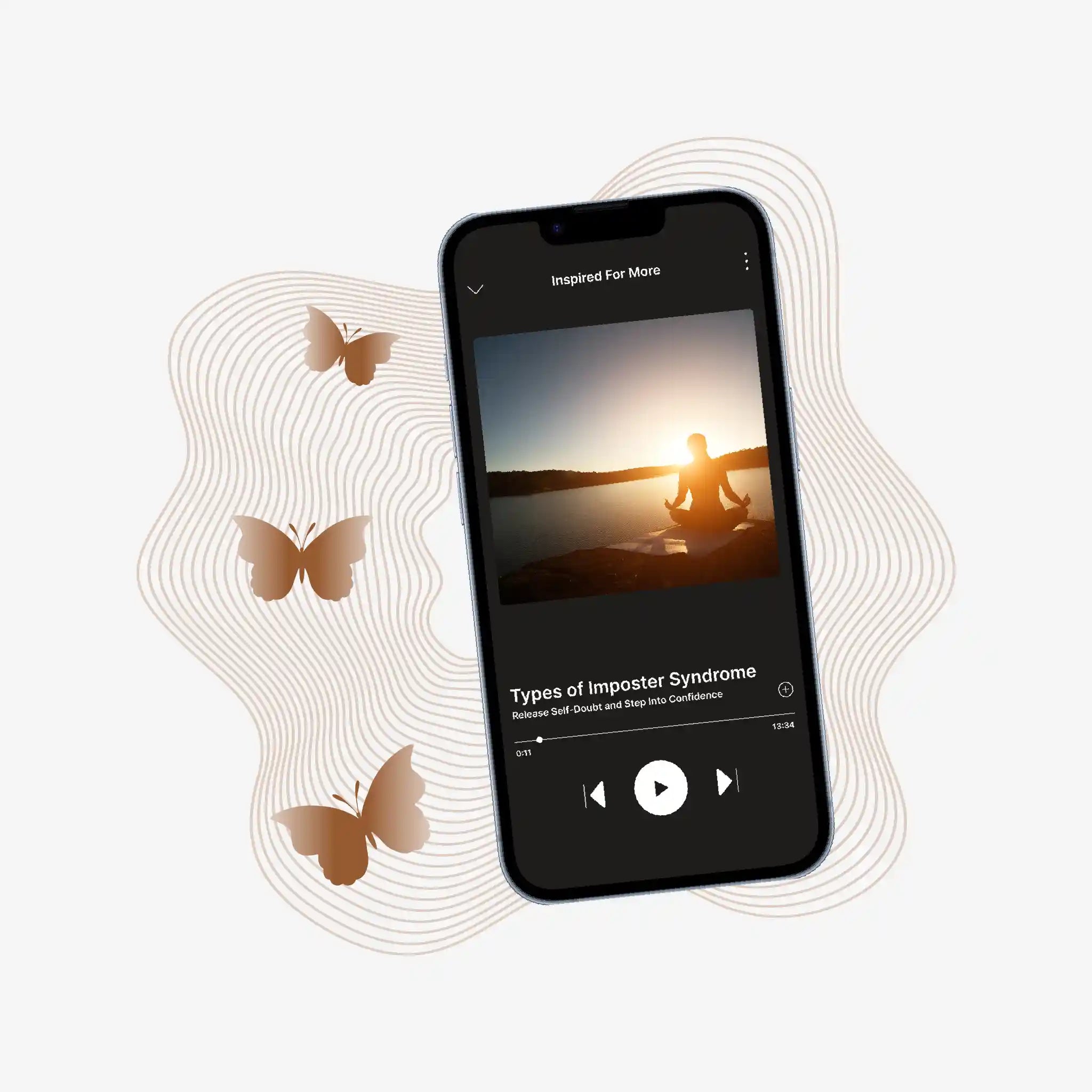 Phone displaying a music app with butterflies and a sunset image on a light gray background